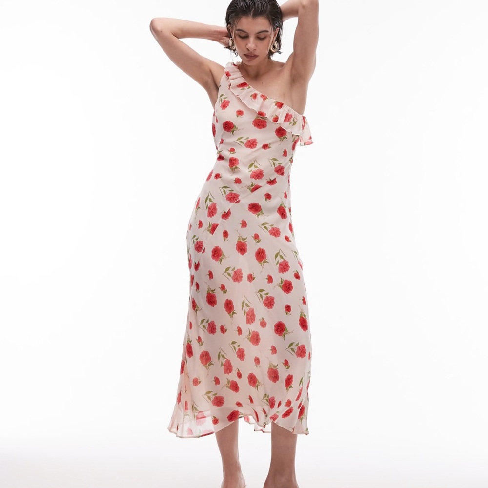 Mango one shoulder rose floral dress in light pink Size: 12